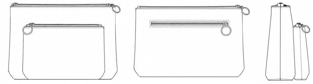 Dessin technique du sac 3-en-1 Léna, composé de deux trousses à fond plat avec fermetures zippées et poche extérieure.